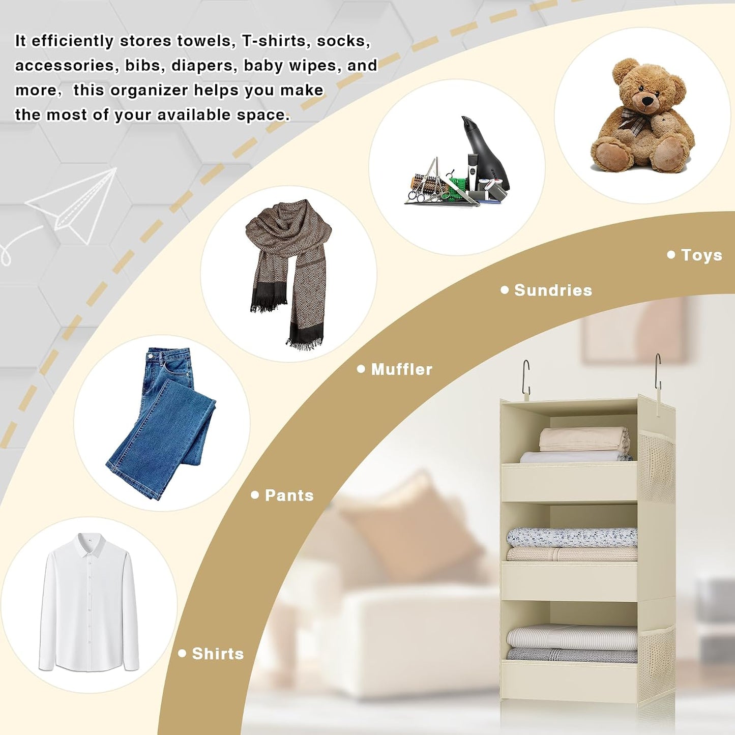 3-Shelf Hanging Closet Organizer, Washable Foldable Storage, Dark Gray | Front lip keeps items secure; side pockets add room; Oxford fabric handles towels, shirts, baby items, dorms, RVs or travel.