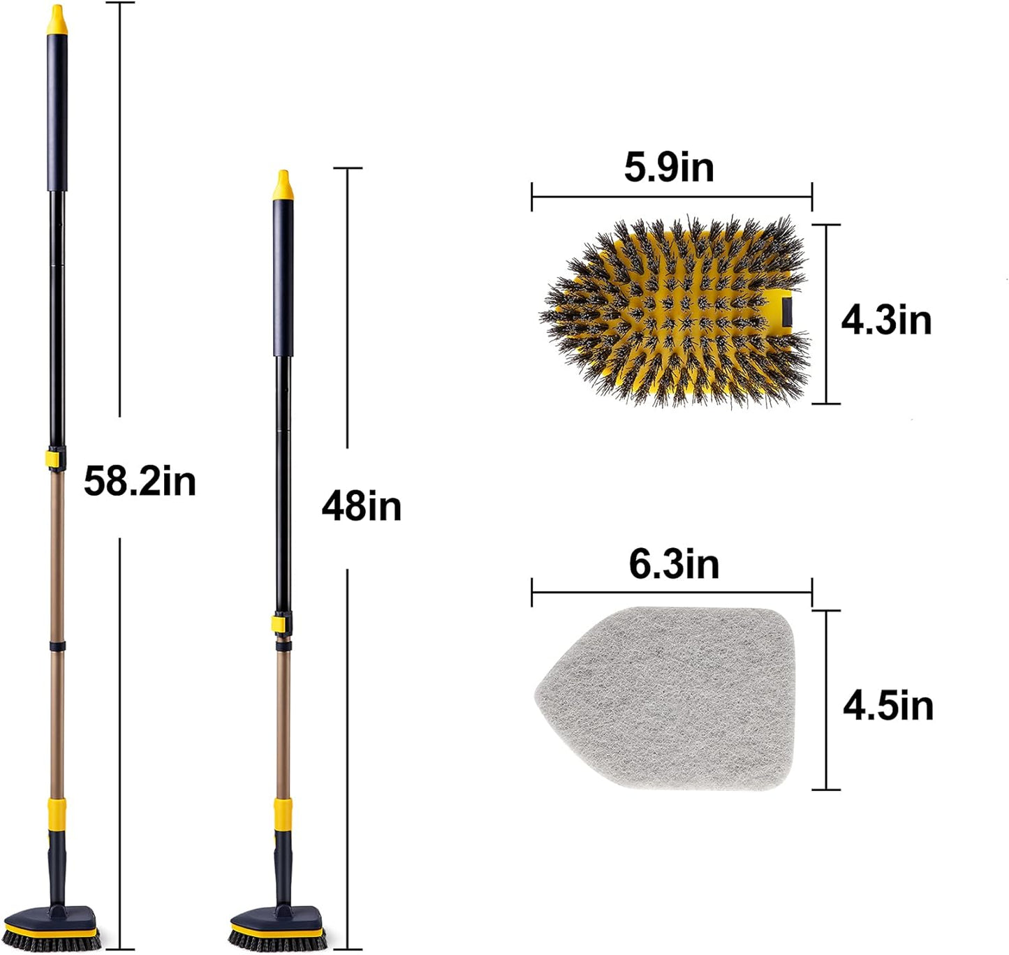 Yocada Tub Tile Scrubber Brush 2 in 1 Cleaning Brush 4*Scouring Pads 58.2 Inch Adjustable Telescopic Pole Stiff Bristles for Cleaning Bathroom Kitchen Toilet Wall Tub Tile Sink Non Scratch