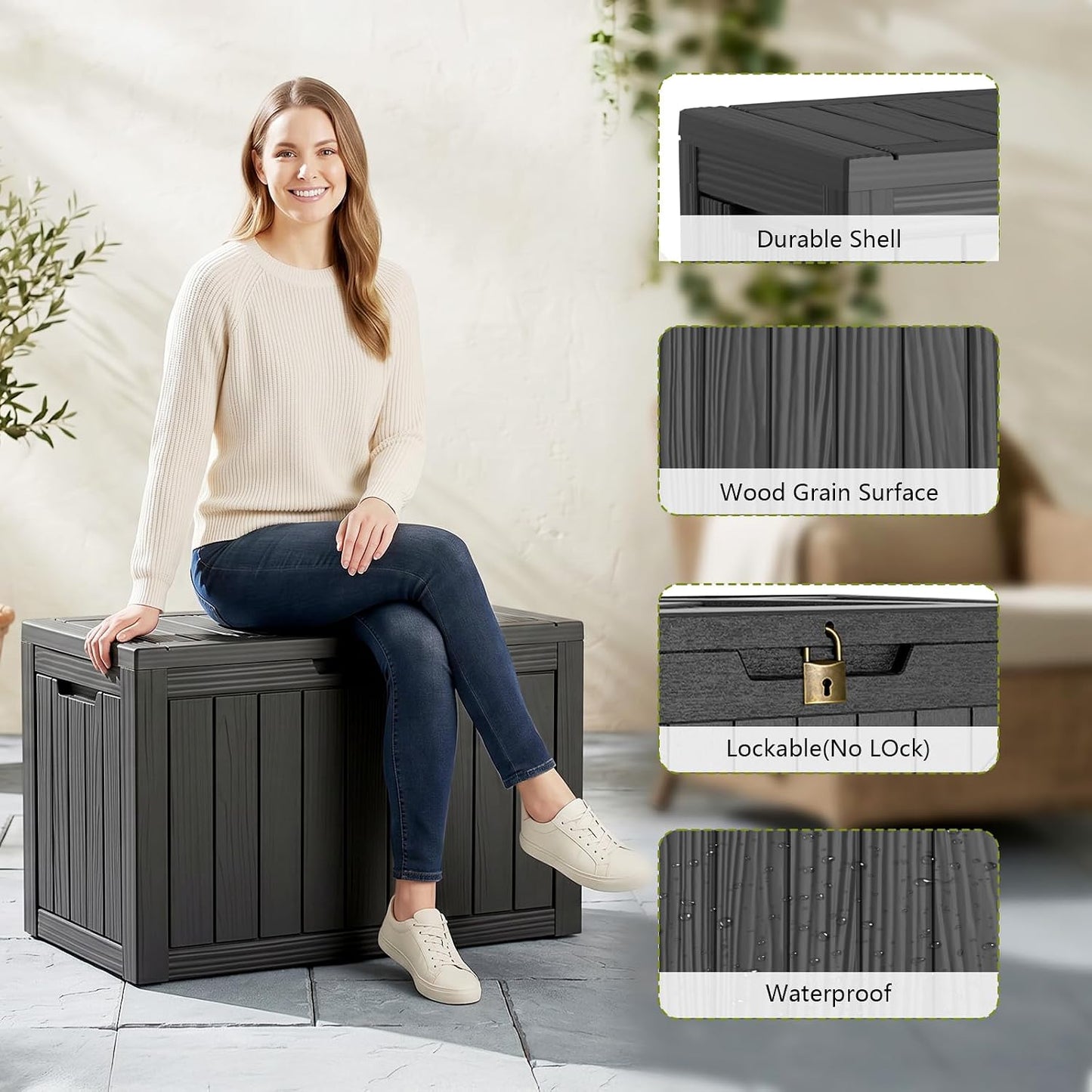 Waterproof Outdoor Storage Box Outside Deck Box Lockable Resin Bench UV Resistant Furniture Cushion Pool Tool Float Bin Patio Garden Porch (Black, 120 Gallon)
