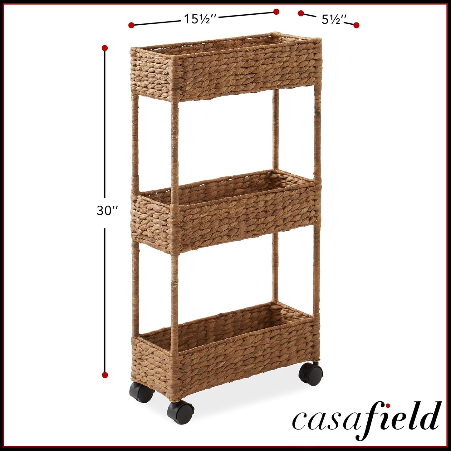 Casafield 3-Tier Rolling Storage Cart - Natural, Water Hyacinth Nursery Caddy, Utility Cart for Bathroom, Craft Room, Laundry Room Organization