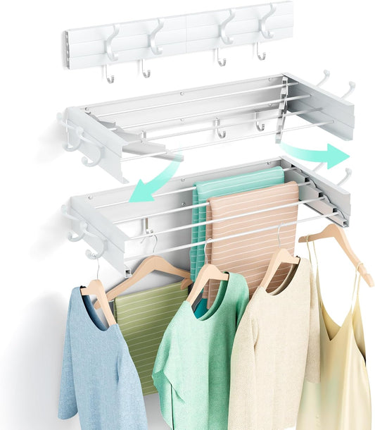 Foldable Wall Mounted Space-Saving Drying Rack, 23.5 In Rustproof Stainless Steel Laundry Hanger with 50 Lbs Heavy Duty Reinforced Rods for Wet Towels & Heavy Clothes, Fits Apartment Bathroom RV,White