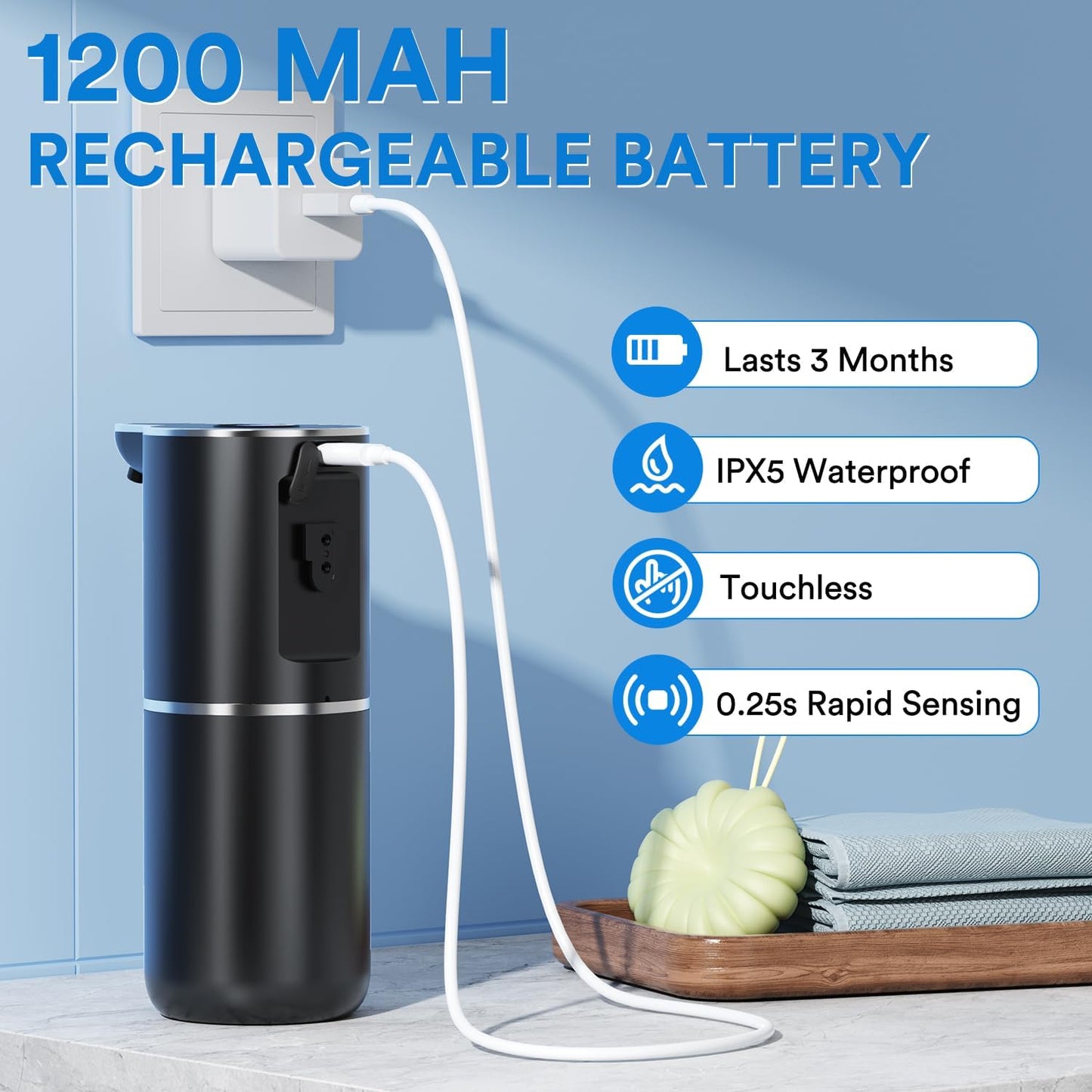 Automatic Soap Dispenser with Smart Digital Display, Touchless Rechargeable Hand & Dish Liquid Soap Dispenser for Kitchen & Bathroom - 6 Adjustable Level, Wall Mounted, 380ml IPX5 Waterproof