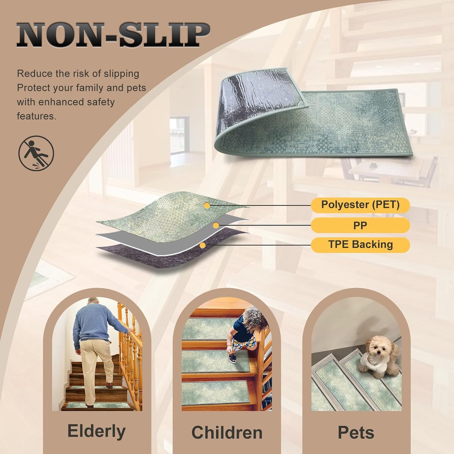 Non Slip Stair Treads for Wooden Steps, 15 Pack 8"x30" Washable Carpet | 8x30 in soft chenille polyester stair treads with reusable TPE backing for indoor wood stairs, dogs, kids, and seniors