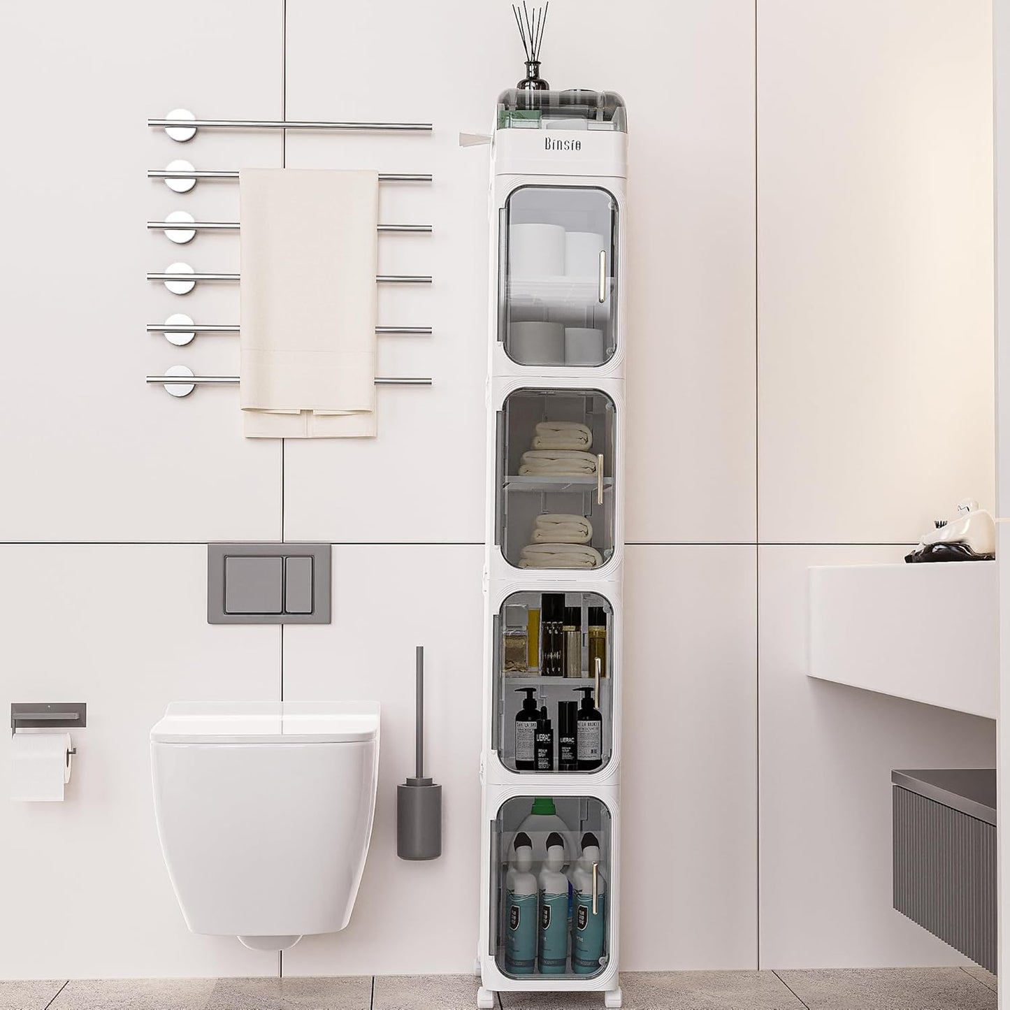 BINSIO 3-Tier Slim Bathroom Storage Cabinet for Toilet Side, Toilet Paper Storage Organizer, Narrow Rolling Bathroom Storage Cabinet with Transparent Doors for Small Space, Foldable Easy Assembly