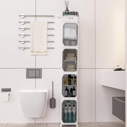 BINSIO 3-Tier Slim Bathroom Storage Cabinet for Toilet Side, Toilet Paper Storage Organizer, Narrow Rolling Bathroom Storage Cabinet with Transparent Doors for Small Space, Foldable Easy Assembly