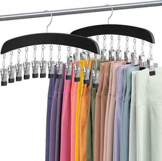 MEILIDY Wooden Leggings Hangers, Scarf Hangers for Closet, Black, 2 Pcs | 24 Clips, 360° Swivel Hook, Hanging Storage Organizer for Scarves, Pants, Hats, Skirts, Bras, Camisoles, Tank tops, Gloves