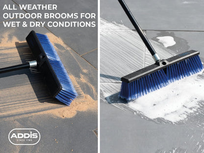 Outdoor Broom & Patio Brush by Addis – Heavy Duty 45cm (17.7") Angled Head with Stiff Bristles Deck Driveway Garden & Yard Sweeping Brush Large Push Broom for Concrete Tile Wooden Floors, Blue Black