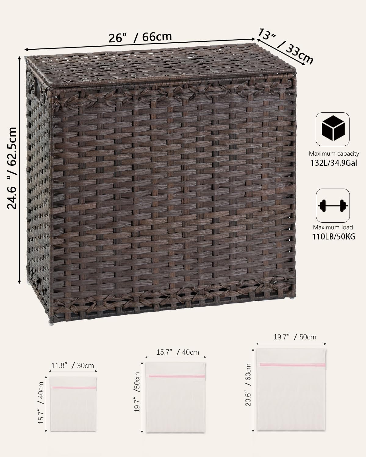 SETVSON Laundry Hamper with Lid Laundry Basket 132 L (35 Gal) Wicker Clothes Hamper, Handwoven Rattan Hamper with Handles and 4 Removable Liner Bags, 6 Mesh Bags for Laundry Bedroom Natural