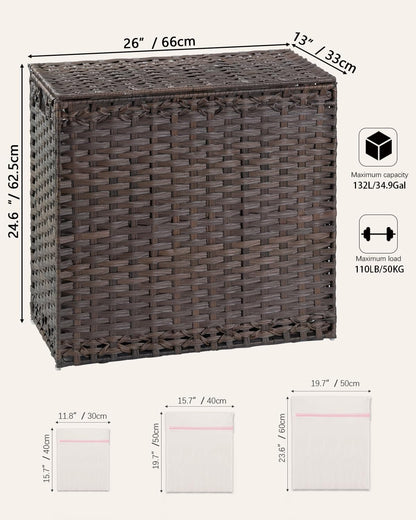 SETVSON Laundry Hamper with Lid Laundry Basket 132 L (35 Gal) Wicker Clothes Hamper, Handwoven Rattan Hamper with Handles and 4 Removable Liner Bags, 6 Mesh Bags for Laundry Bedroom Natural