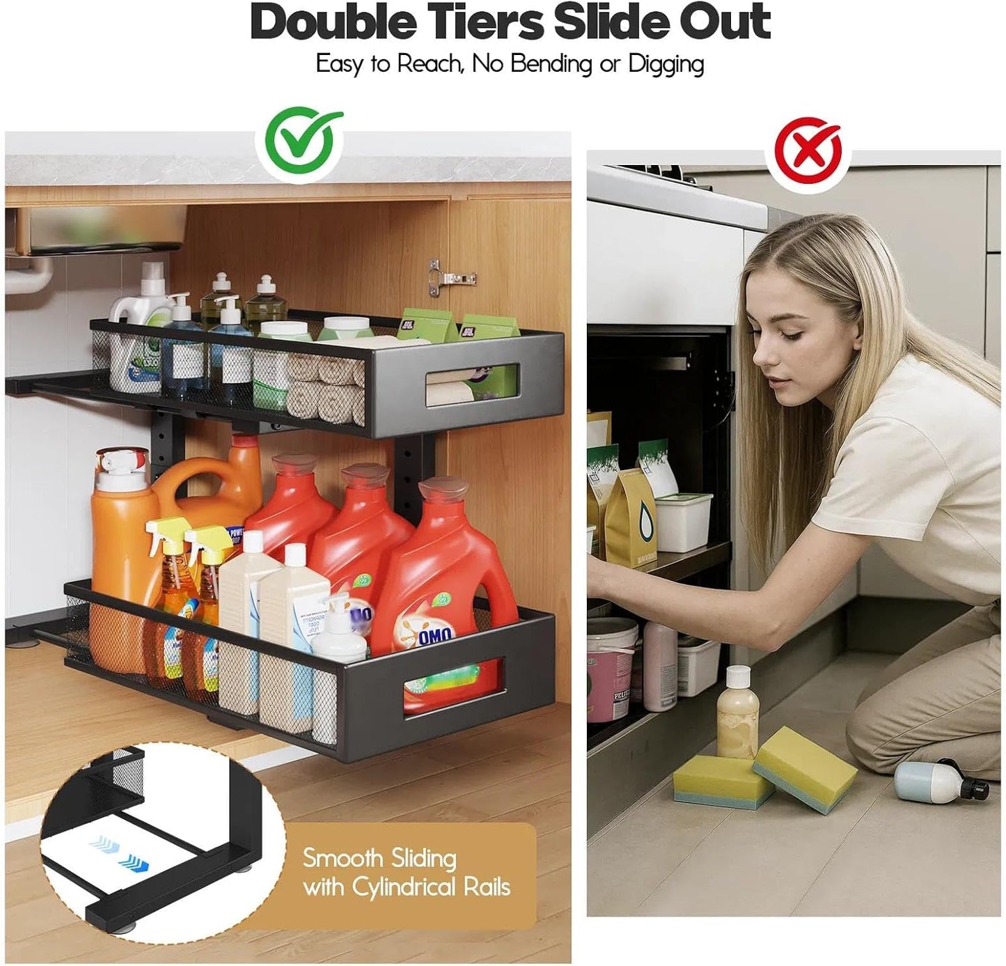Under Sink Organizer, 2-Tier Dual Pull Out Cabinet Organizer Drawers With Smooth Circular Rail, Large Capacity Metal Mesh Sliding Shelves For Bathroom& Kitchen Storage,Height Adjustable–White,2 Packs