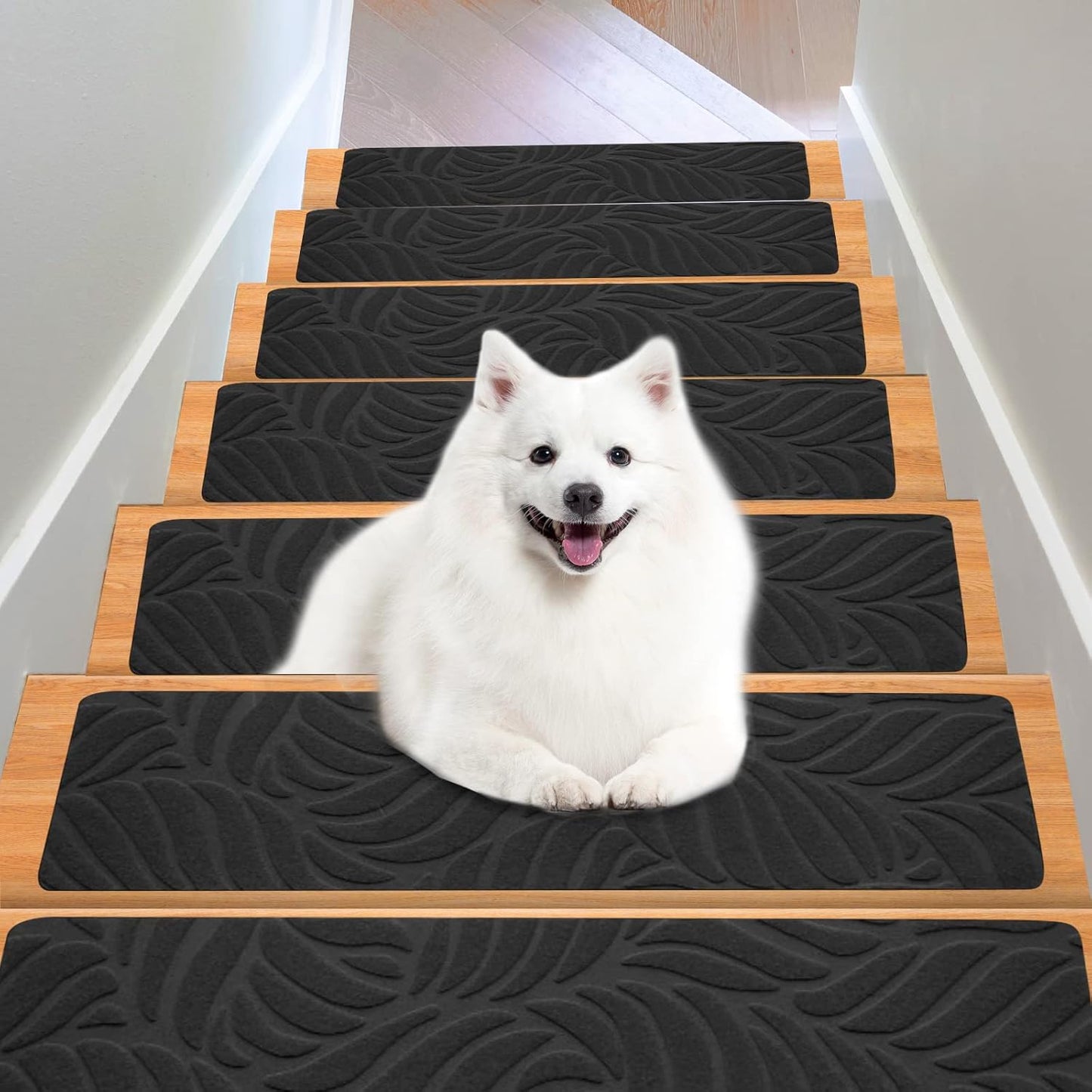 15 Pack 8 "X 30" Non-Slip Carpet Stair Treads for Indoor Wooden Steps, Made of Polyester and Reusable Adhesive, Suitable for Kids Elders and Pets（Black Lines）