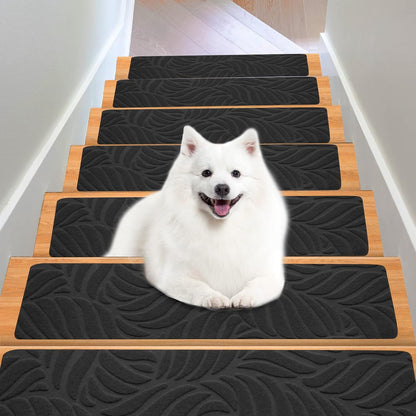 15 Pack 8 "X 30" Non-Slip Carpet Stair Treads for Indoor Wooden Steps, Made of Polyester and Reusable Adhesive, Suitable for Kids Elders and Pets（Black Lines）