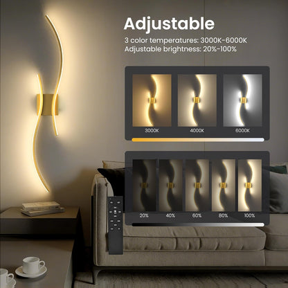 Battery Operated Wall Sconces Set of Two, 10000mAh Rechargeable Modern Wall Lights with Remote Control, Dimmable Gold LED Cordless Lighting for Living Room, Bedroom, Hallway, 39.4 Inch, 3CCT