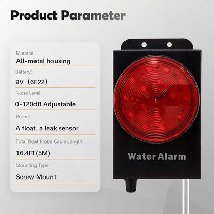 Water Level Leak Alarm with 16.4Ft 2 Sensors,120dB Strobe, Metal | 9V Battery-Powered, Dual Sensors Float Switch and Leak Probe, Adjustable Volume, For Sump Pump Dishwasher Under Sink Basement
