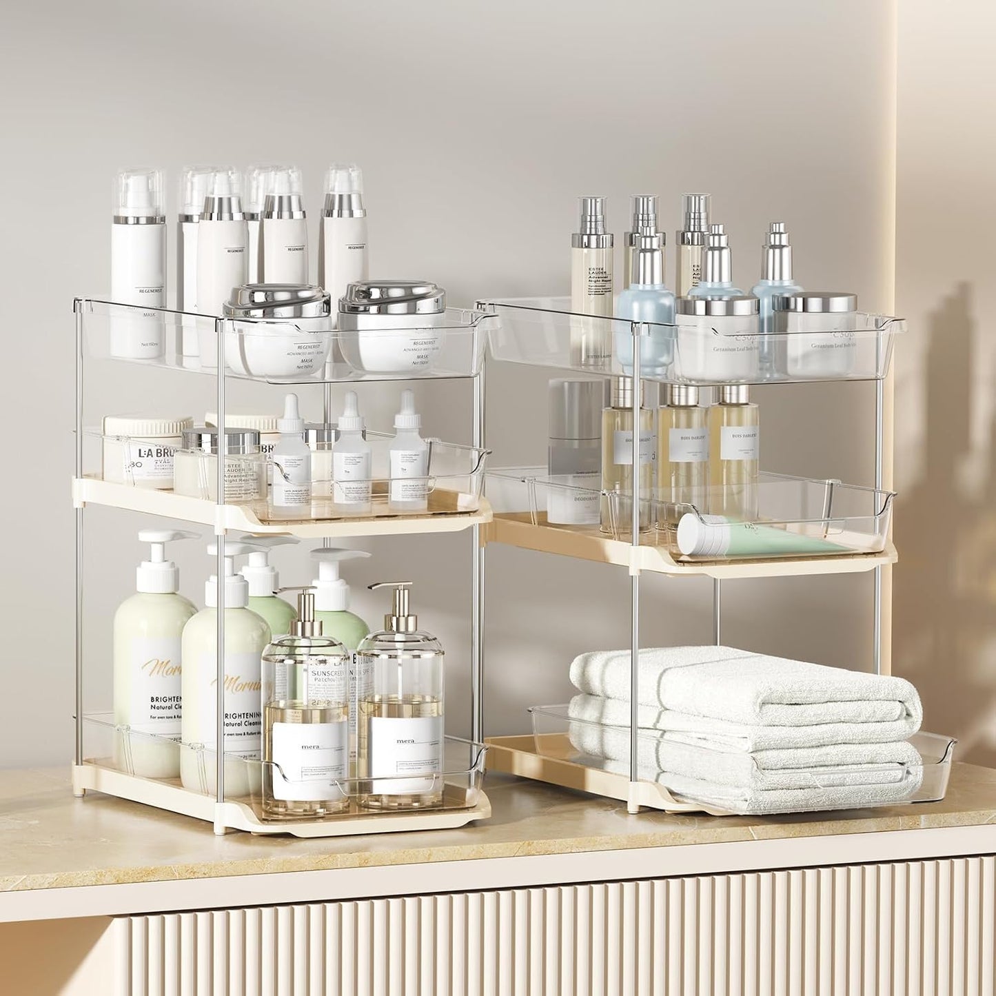 Delamu 2 Sets of 3-Tier Bathroom Under Sink Organizers and Storage, Multi-Purpose Stackable Pantry Organization and Storage, Pull Out Clear Kitchen Bathroom Cabinet Organizer with Movable Dividers | Storage