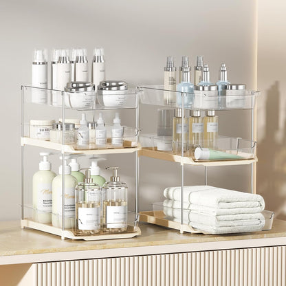 Delamu 2 Sets of 3-Tier Bathroom Under Sink Organizers and Storage, Multi-Purpose Stackable Pantry Organization and Storage, Pull Out Clear Kitchen Bathroom Cabinet Organizer with Movable Dividers | Storage