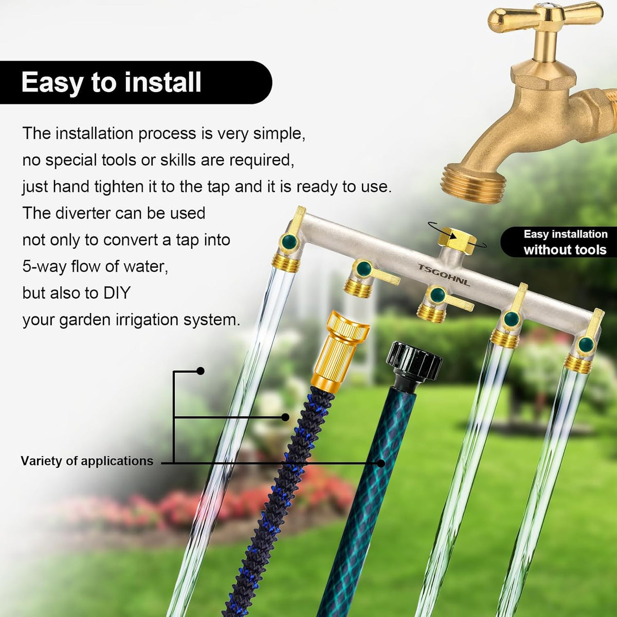 Heavy Duty Brass Garden Hose Splitter, 2-Way Faucet Splitter with 2 Extended Metal Handles, Outdoor Hose Splitter, GHT 3/4-Inch Heavy Duty Hex Female Inlet and 3/4-Inch Male Outlet, Nickel Plated