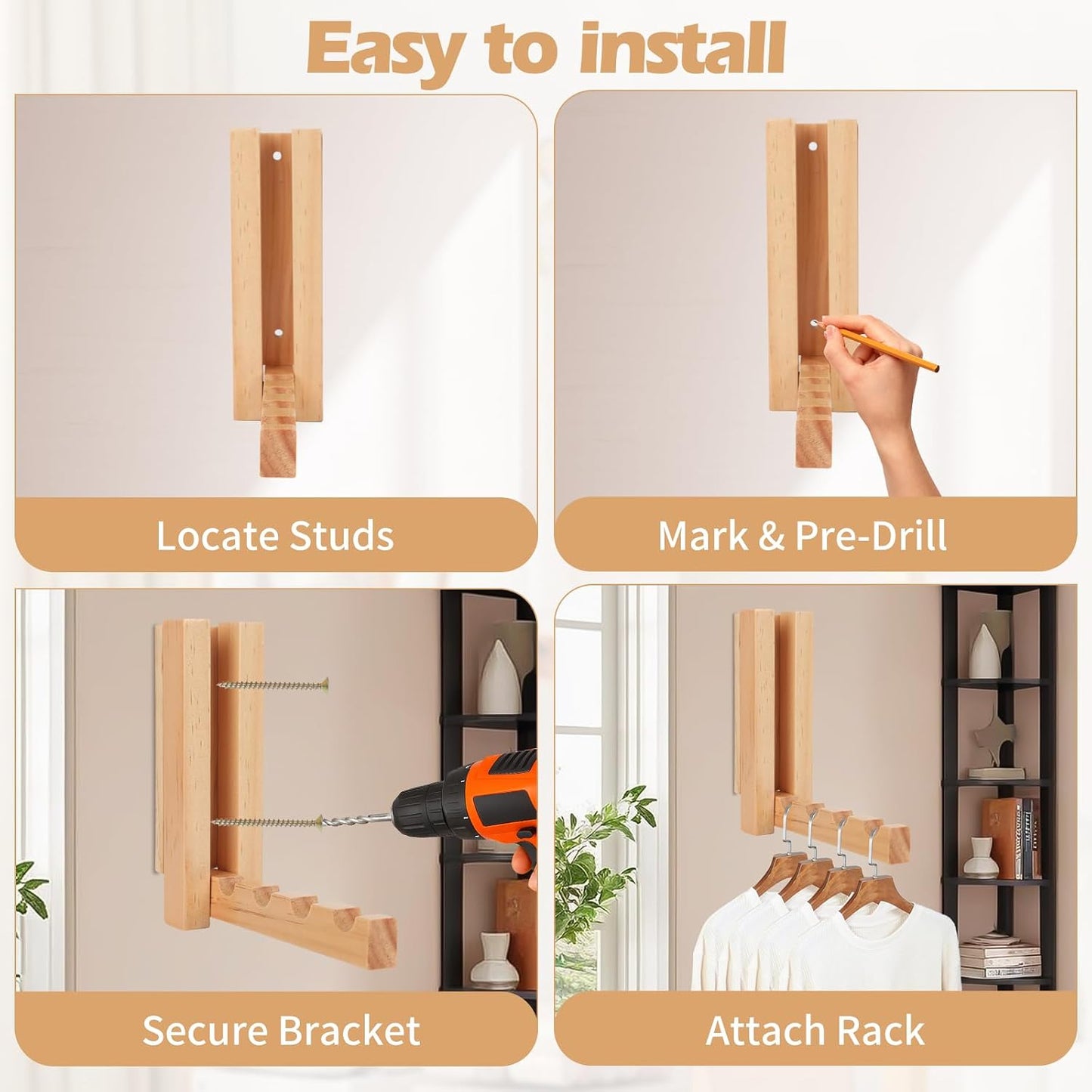 2 Pack Wall Mounted Clothes Drying Rack, Foldable Wooden Laundry Drying Rack Wall Mount, Magnetic Clothes Hanger Rack for Laundry Room, Bathroom, Closet Organization, Space Saving Storage