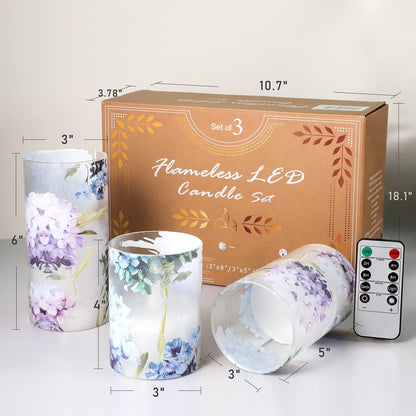 Glass Flameless Candles Flickering Battery Operated LED Pillar Candles Set of 3 with Timer and and 10-Key Remote Green Branch Floral Spring Summer Theme for Wedding Festival Home Decoration