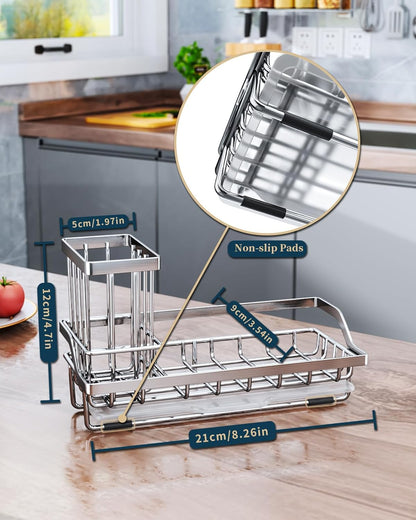 Consumest Sponge Holder for Kitchen Sink - Kitchen Sink Caddy Organizer with Removable Drip Tray for Countertop Dish Soap Dispenser Brush Storage Accessories 304 Stainless Steel - Black