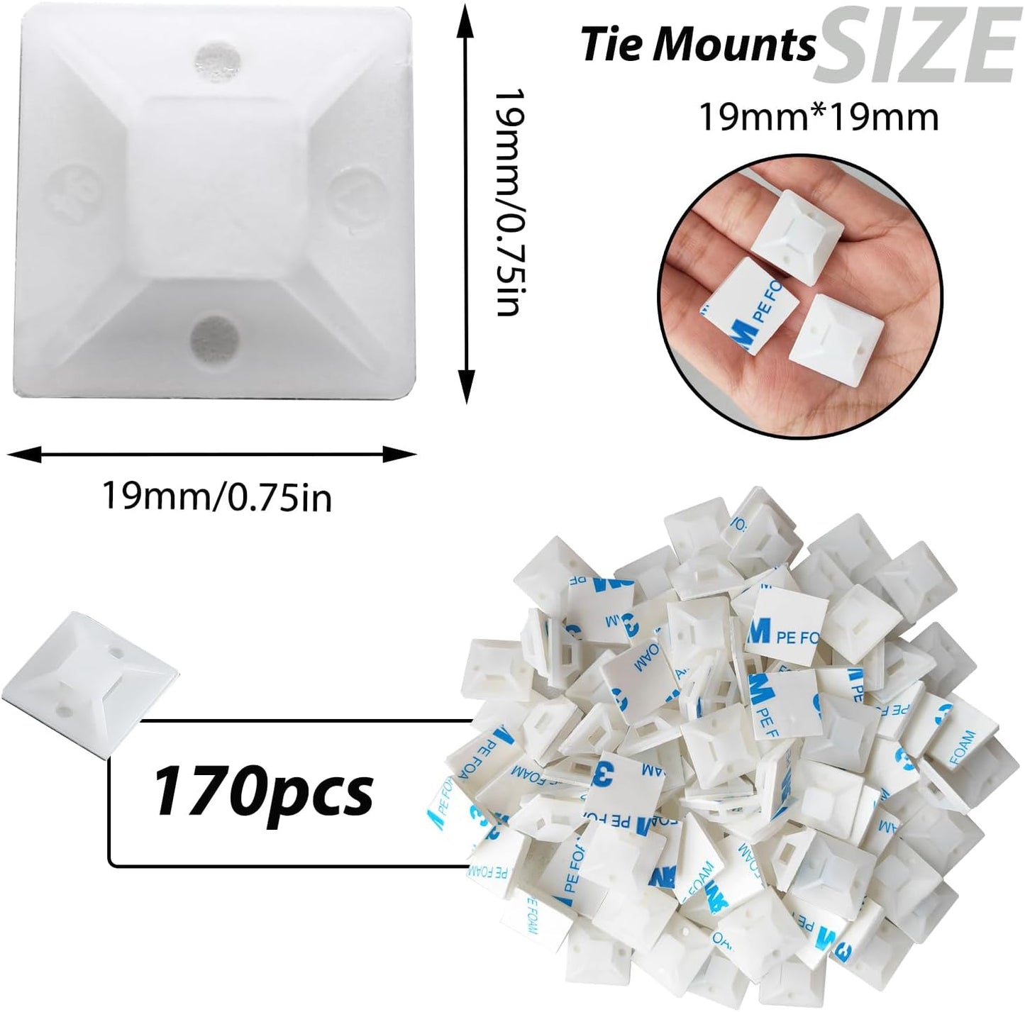 340 Pcs Self Adhesive Cable Zip Tie Mounts Set | 170 Pcs Cable Tie Mounting Base,3/4" | 170 Pcs Zip Ties,8" | White,Cable Clip,Wire Management Clips,Wall Ties Fixing Mount,Wire Holders for Cables