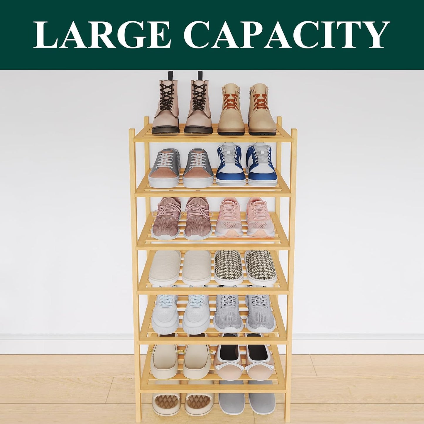 Smiry Bamboo Shoe Rack, 3 Tier Free Standing Wooden Shoe Organizer, Stackable Wood Shoe Storage Shelf for Closet, Entryway, 5 Horizontal Slats, 26.8"x11"x18.3", Natural