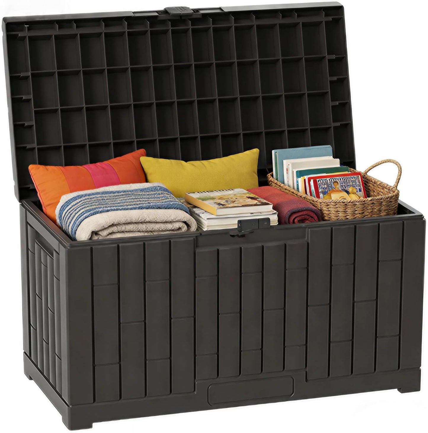 Outdoor Storage Box, 60 Gallon Waterproof Deck Box, Lockable Storage Container, Built-in Reinforcing Metal Rod Outside Resin Bin for Patio, Garden, Poolside and Garage
