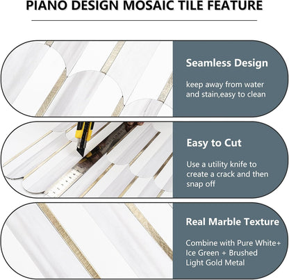 Vamos Peel and Stick Backsplash Seamless Tile for Kitchen and Bathroom,White and Beige Slate PVC Mixed Light Gold Self Adhesive Fish Scale Metal Mosaic Tiles (10 Sheets)