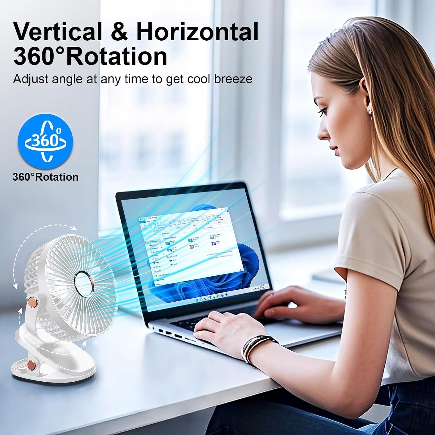 iNeibo 4000mAh Portable Clip on Fan with LED Lights, Battery Operated USB Desk Fan,4 Speed Quiet Rechargeable Mini Table Fan, 360° Rotate Personal Cooling Fan for Home Office Stroller Camping (Black)