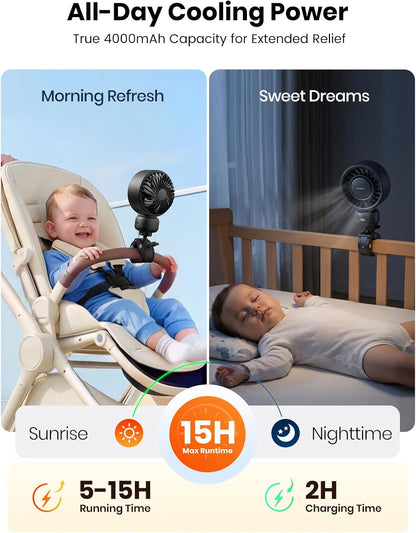 Warmco Portable Stroller Fan, 4000mAh Rechargeable Clip On Fan for Baby | Secure Clamp, Up to 15H Runtime, Protective Grille, Quiet, 360° Rotatable, Removable Cover, LED Display