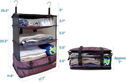 Grand Fusion Stow-N-Go Hanging Travel Shelves, Packing Organizer for Luggage. Carry on Closet for Suitcase. Expandable Packing Cube. Travel Essentials. (Black - L, L = (L) 11.8" x (W) 11.8")
