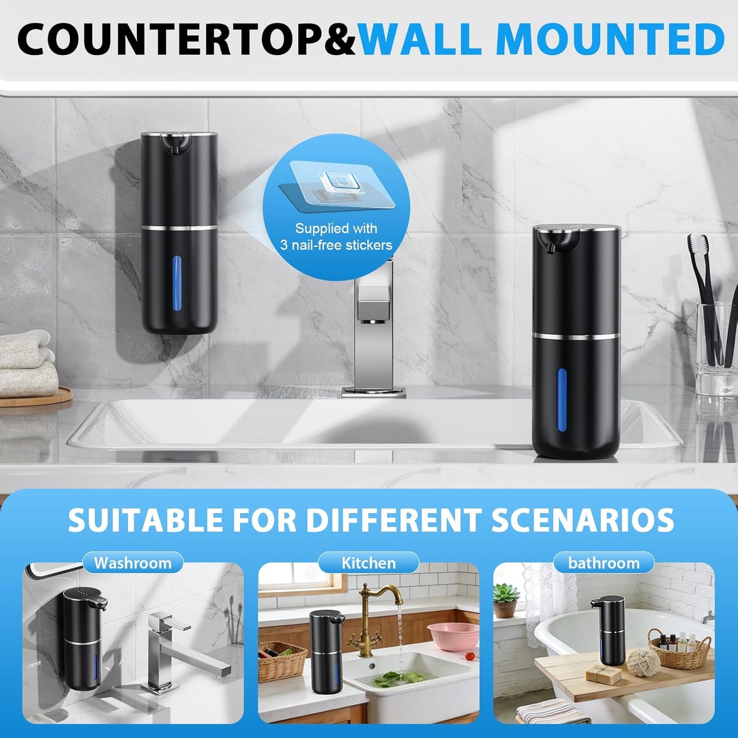 Fantictas Automatic Soap Dispenser Touchless Automatic Foam Soap Dispenser 380ML 4 Adjustable Levels 1200mAh Soap Dispensing Wall Mount for Kitchen and Bathroom,Black
