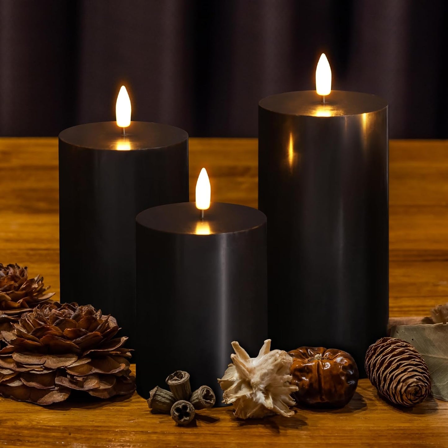 Black Flameless Pillar Candles with Remote, Flickering LED Wax Candles Battery Operated Set of 3