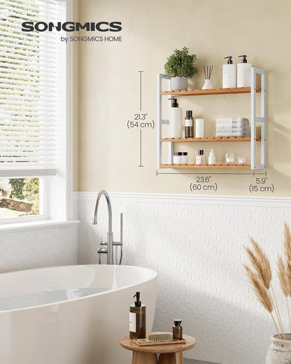 SONGMICS Bamboo Rolling Cart, 3-Tier Utility Cart on Wheels, Slim Narrow Storage Shelf, Bamboo Shelves, Space-Saving, Multifunctional, for Bathroom, Kitchen, White and Natural UBCB083N02