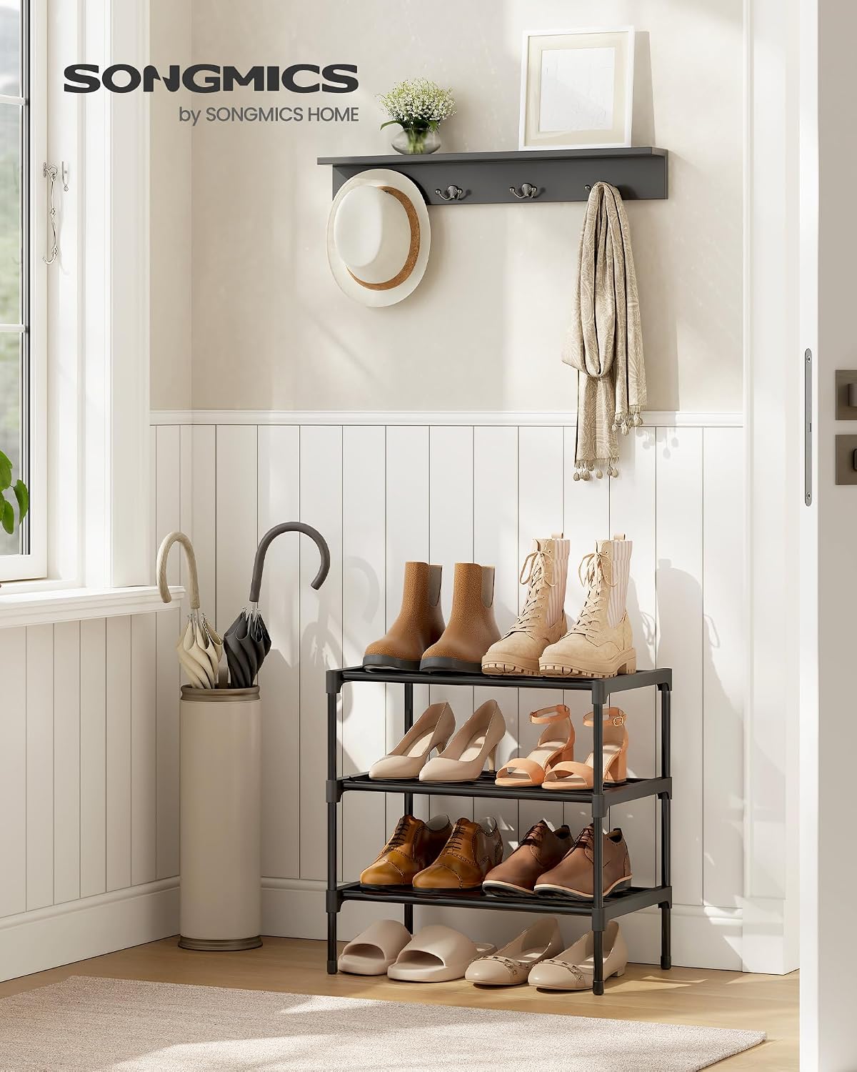 SONGMICS 2-Tier Shoe Rack for Closet, Compact Metal Shoe Organizer Shelf for Entryway, Bedroom, Small Spaces, Stackable, 11.8 x 24.5 x 12.2 Inches, Black ULSA122BH01