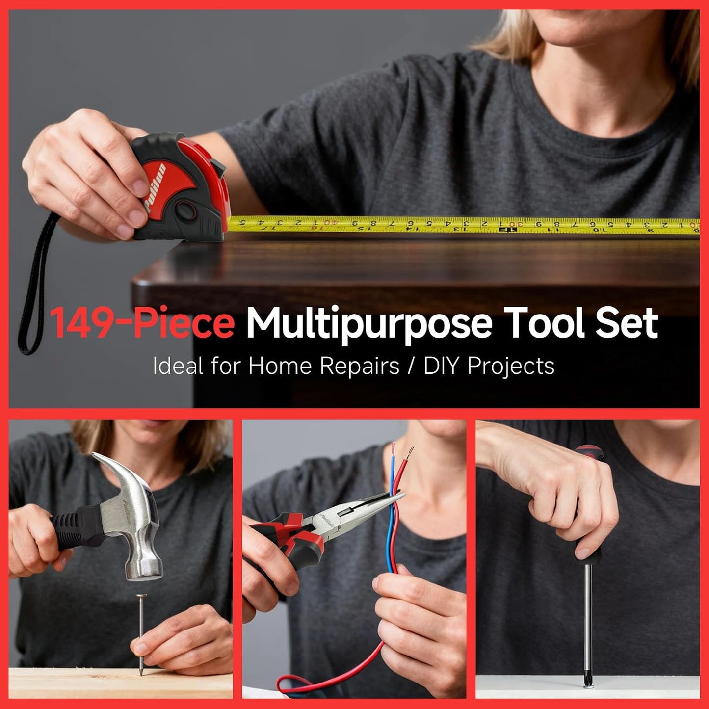PULITUO Drill Set, 149-Piece Home Tool Set with 12V Pink Cordless Drill, Tool Box, Hand Tool Kits for Women & Men and DIY Enthusiasts, for Home Improvement