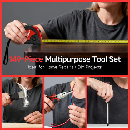 PULITUO Drill Set, 149-Piece Home Tool Set with 12V Pink Cordless Drill, Tool Box, Hand Tool Kits for Women & Men and DIY Enthusiasts, for Home Improvement