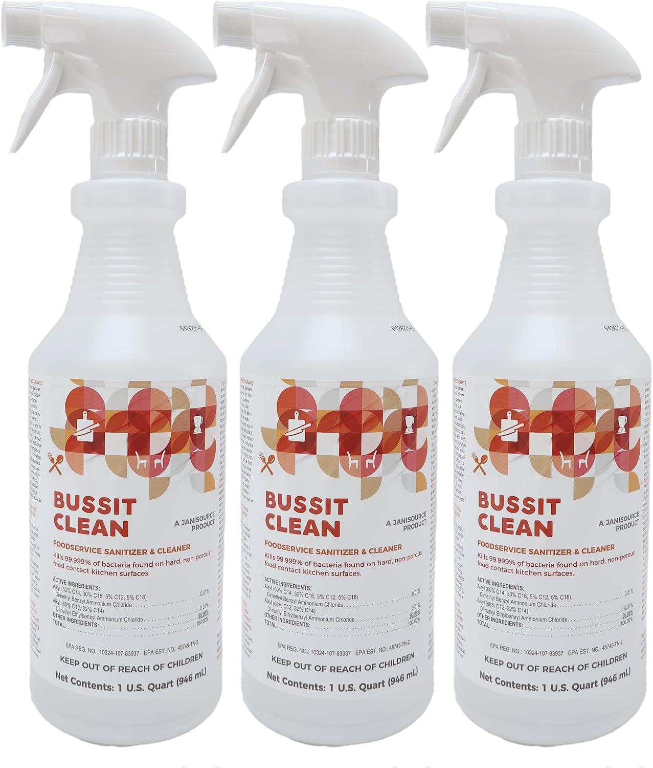 Bussit Clean Foodservice Surface Sanitizer & Cleaner, Spray and Wipe, Kills 99.9% of Kitchen Bacteria, 1 Quart (Each)