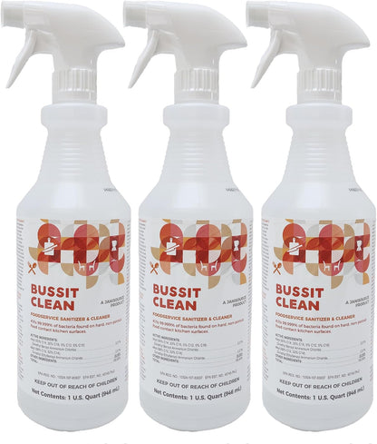 Bussit Clean Foodservice Surface Sanitizer & Cleaner, Spray and Wipe, Kills 99.9% of Kitchen Bacteria, 1 Quart (Each)