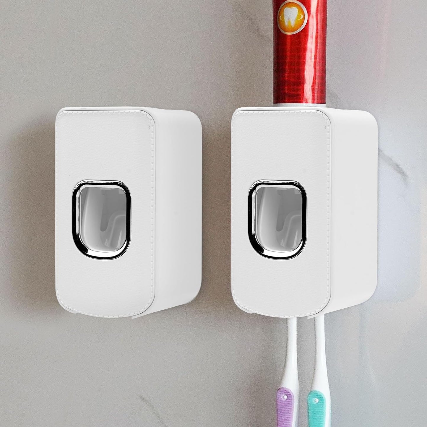 2 Slot Toothbrush Holder and Toothpaste Dispenser Wall Mounted, Automatic Toothpaste Squeezer, 2 in 1 Tooth Brush Toothpaste Organizer for Shower (Grey)