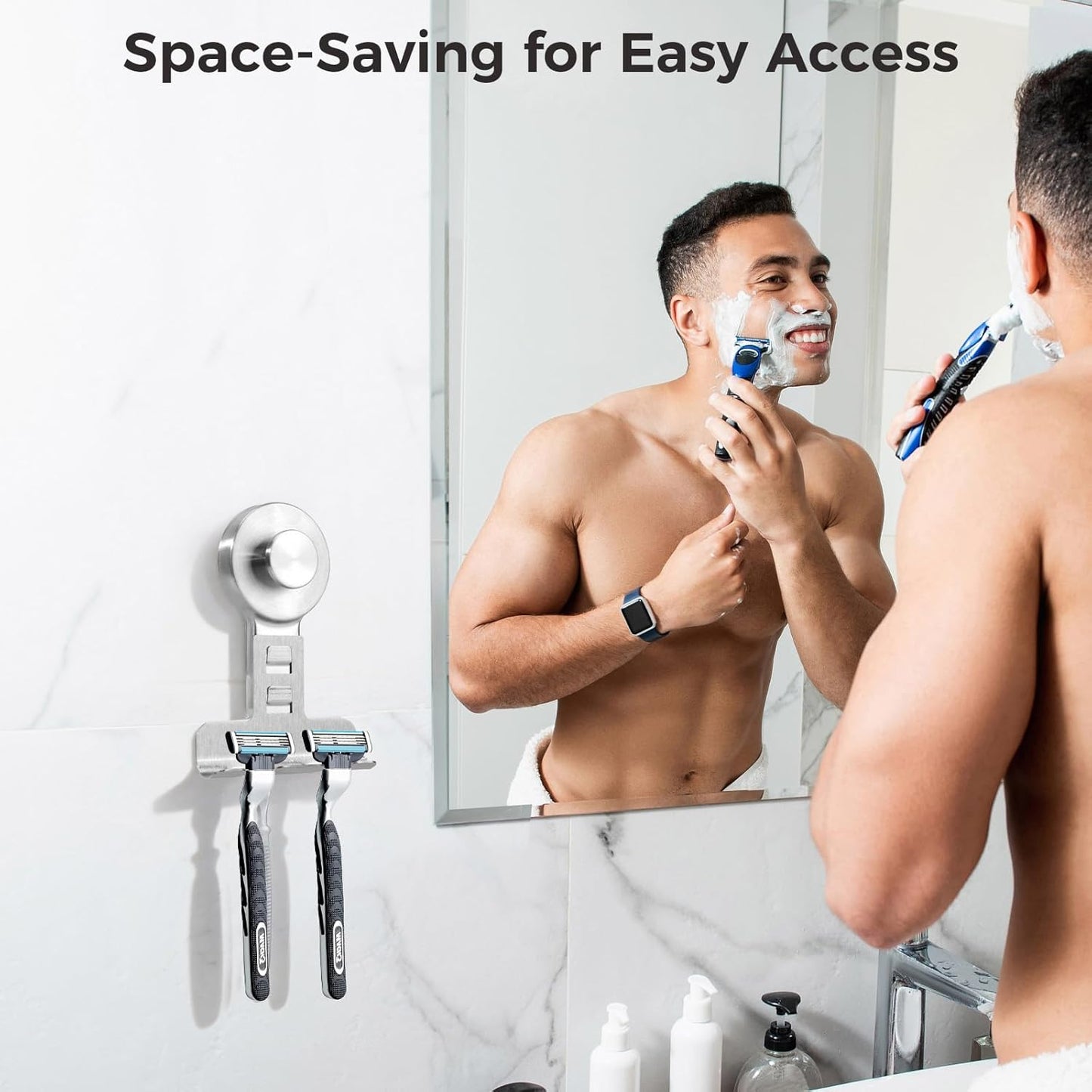 Suction Cup Razor Holder for Shower - 2 Pack | Damage-Free Wall Hooks for Towel, Loofah & Shaver | Easy Install & Reusable Suction Hooks | Stainless Steel Bathroom Organizer