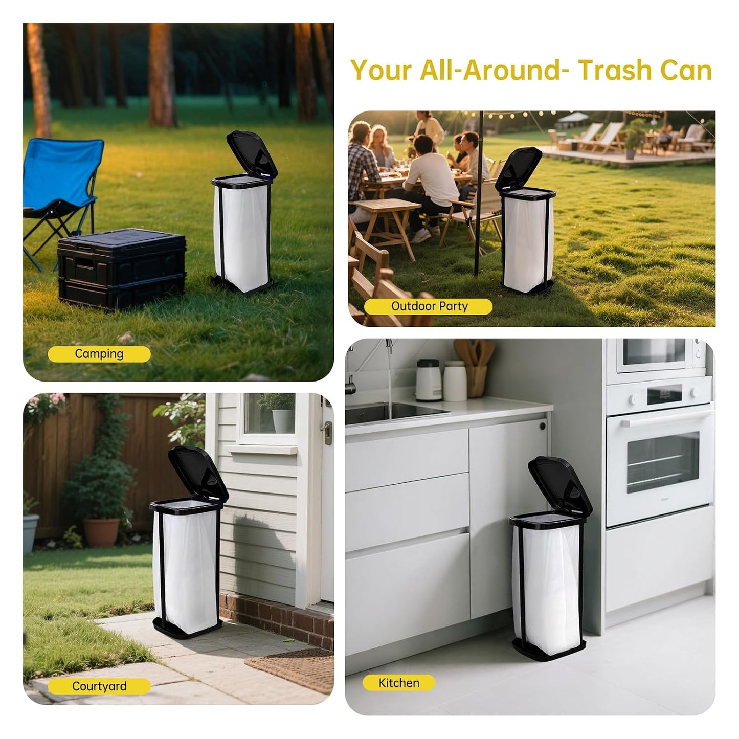 Portable Trash Bag Holder Collapsible Trash Can with Lid, Trash Can for Outdoor Indoor Camping, Kitchen, Party, 15 Gallon Trash Bag Stand