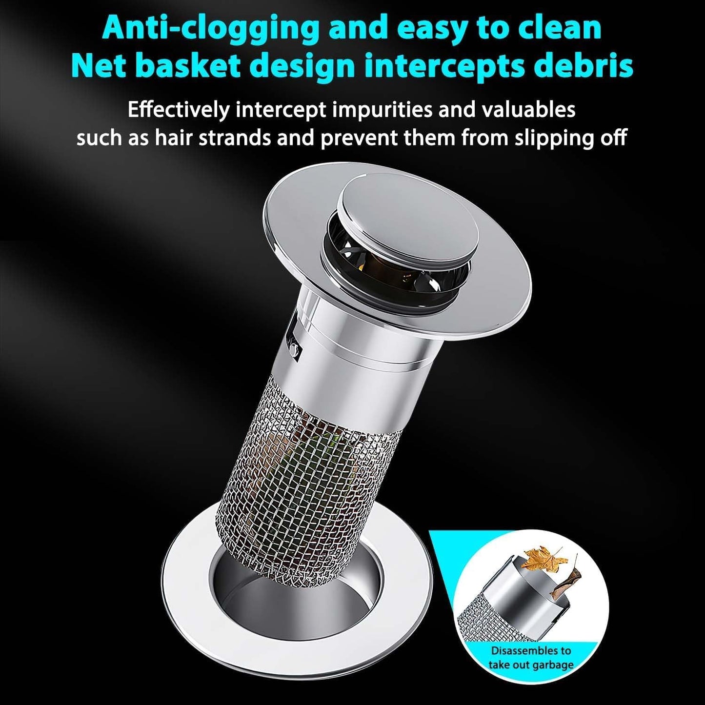 Bathroom Sink Stopper Hair Catcher, Pop Up Drain Plug with Strainer and Filter Basket, Universal Replacement Cover, 2 Pack