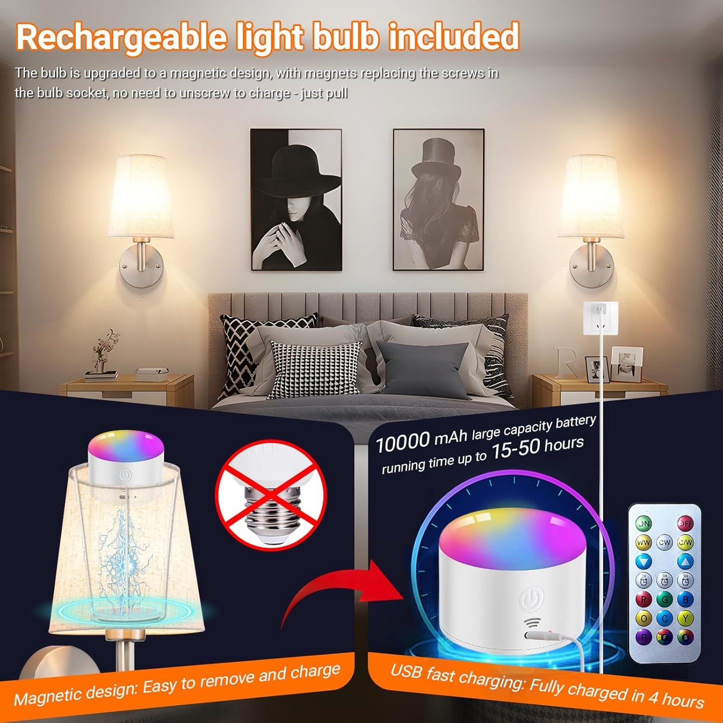 Wall Sconce Battery Operated Wall Light Fixure with Remote Control, Dimmable Battery Operated Wall Sconces Set Of Two, Indoor Wireless Wall Mounted Lamp with Rechargable Bulb For Bedroom Living Room (