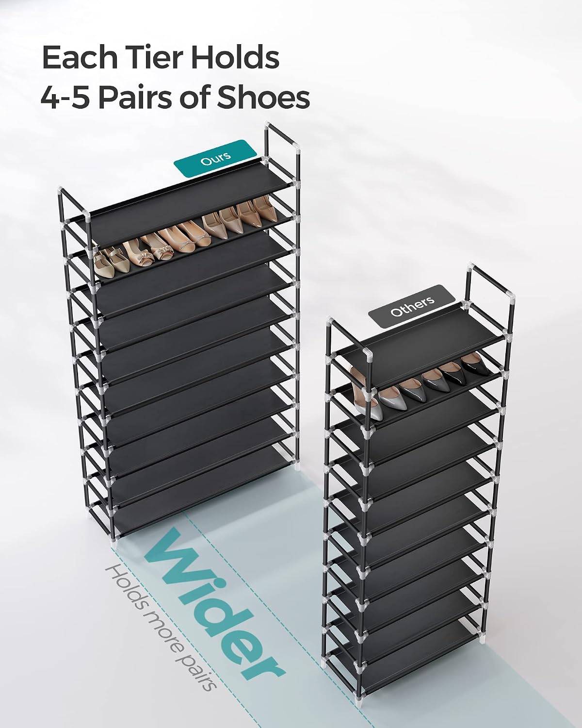 SONGMICS Shoe Rack, 10-Tier Shoe Shelf, Shoe Storage Organizer, 11 x 17.7 x 68 Inches, Metal Frame, Non-Woven Fabric Shelves, for Entryway, Bedroom, Black ULSH010B02
