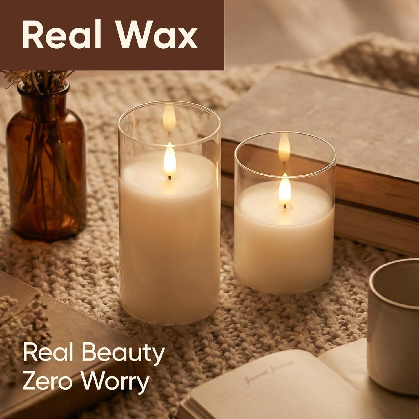 Amagic Clear Glass Flameless Candles Battery Operated with Timer, Remote Control, LED Pillar Candles, Battery Powered, Valentine's Day Decor, Pure White Wax, Set of 3