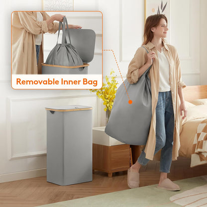 Lifewit 120L Laundry Basket with Lid, Clothes Hampers for Laundry with Bamboo Handles and 2 Removable Bag, Large Foldable Laundry Hamper for Bedroom, Bathroom, Dorm, Laundry Room, Beige