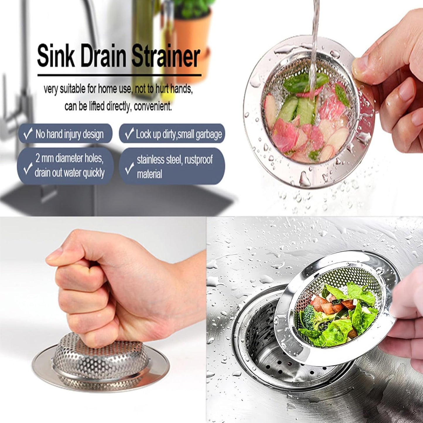 Kitchen Sink Strainer Basket Stainless Steel - Sink Drain Cover with Wide Rim, for Most Kitchen Sinks Anti-Clogging 4.5 in (2pc Silver)