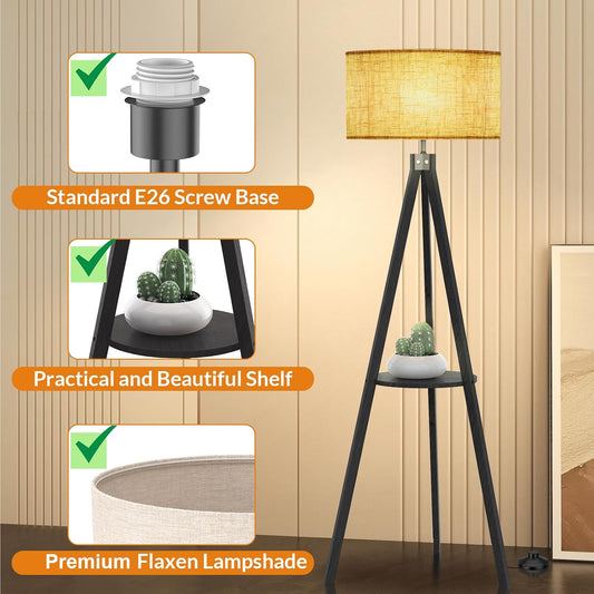LEPOWER Tripod Floor Lamp, Mid Century Wood Standing Lamp, Modern Design Shelf Floor Lamp for Living Room, Bedroom, Office, Flaxen Linen Shade with E26 Base Brown