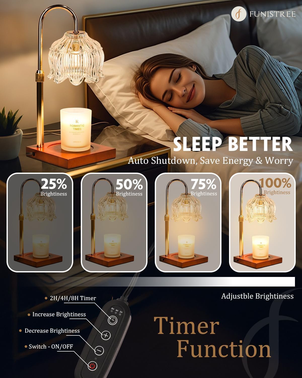 Funistree Flower Candle Warmer Lamp with Timer & Dimmer, Adjustable Height Candle Warmer, Christmas Birthday Gifts for Women Mom, House Warming New Home Decor, Wax Warmer with 2 Bulbs for Jar Candles